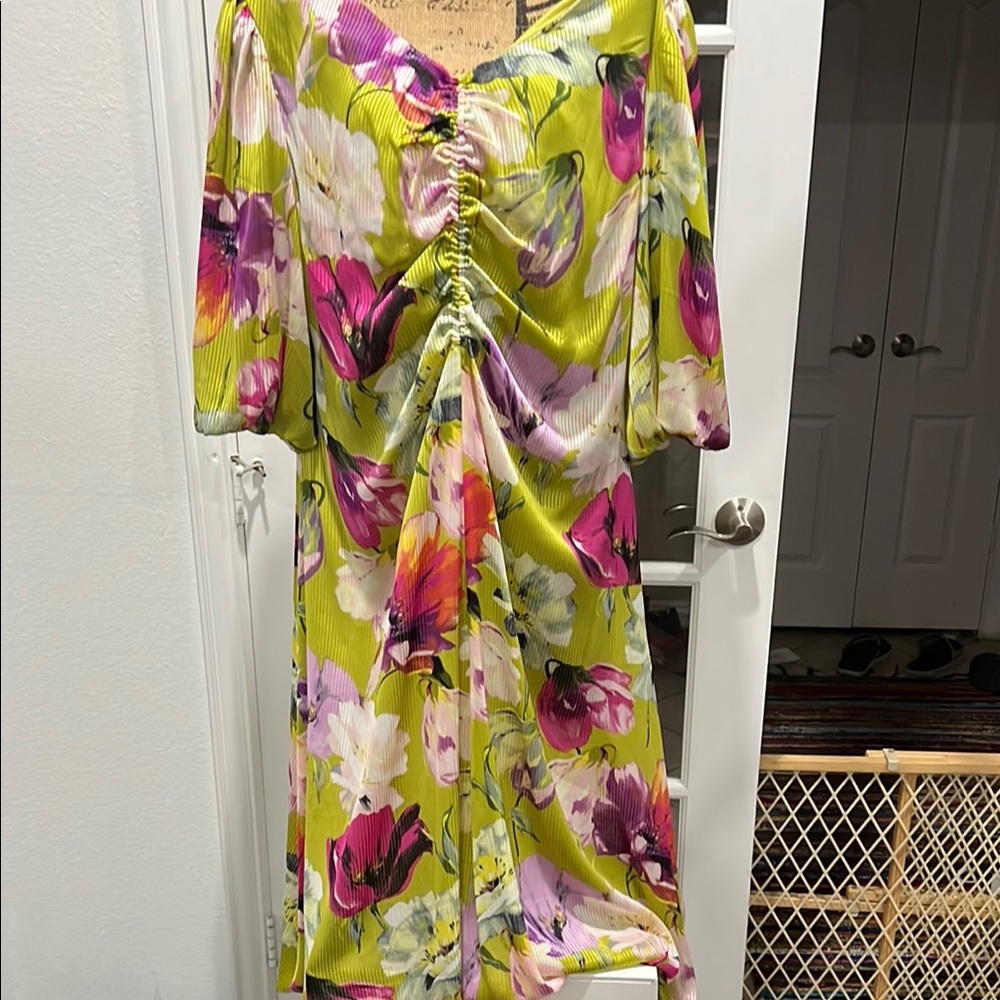 Taylor Green and Pink Maxi Sundress Asymmetrical Neckline Ruched